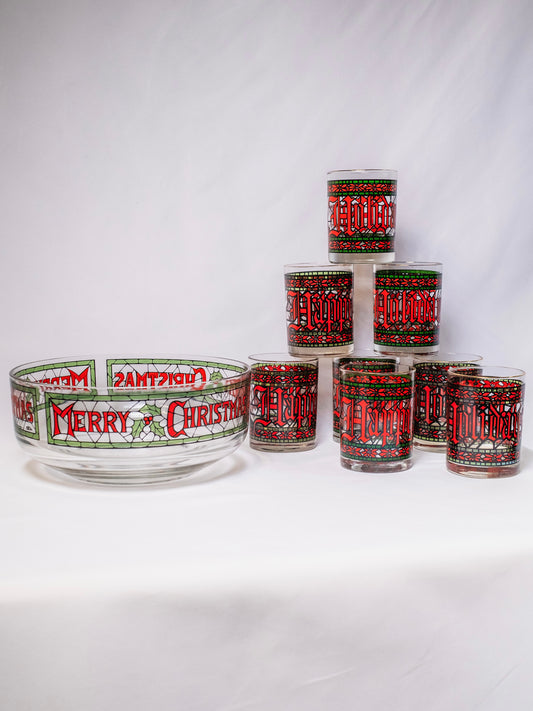 Vintage 1970s Houze Merry Christmas | Happy Holidays Punch Bowl Set