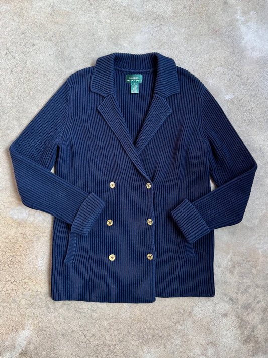 Vintage 1990s Lauren Ralph Lauren Navy 100% Cotton Knit Nautical Cardigan | Medium