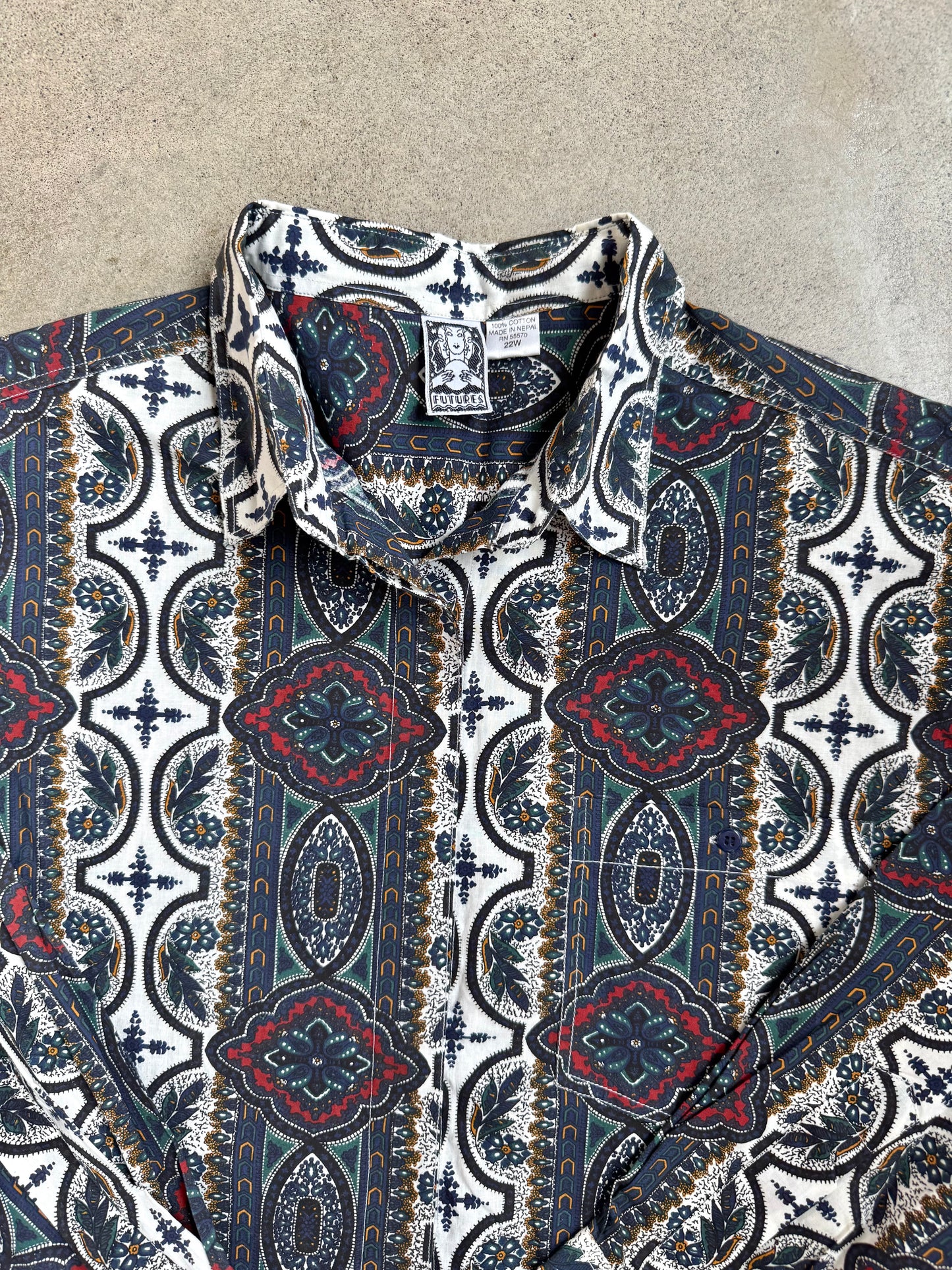 Vintage 1990s Futures Navy Floral Medallion Print Cotton Button-Up Shirt | 3XL