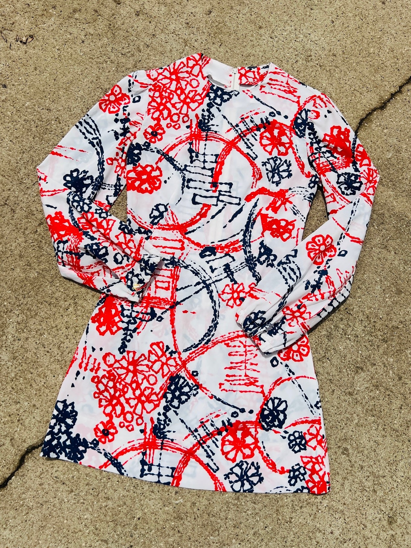 Vintage 1960s Mod Red & Blue Floral Printed Puff Sleeve Mini Dress | XS