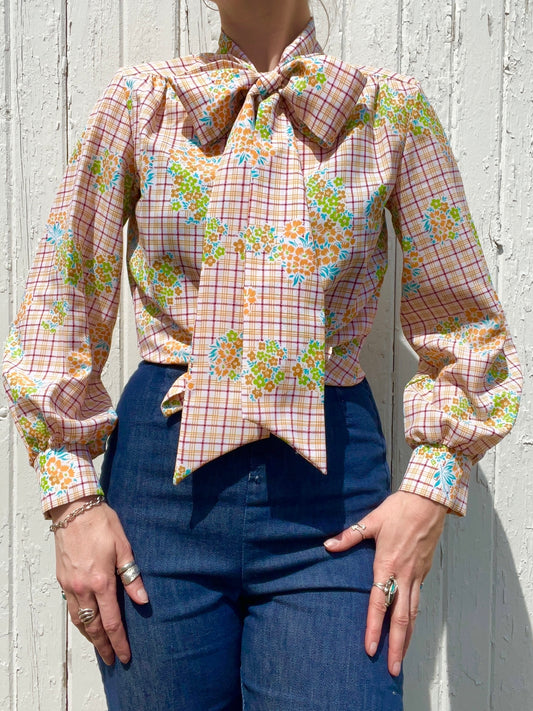 Vintage 1970s Jami Originals Floral Tie Neck Bow Blouse | S/M