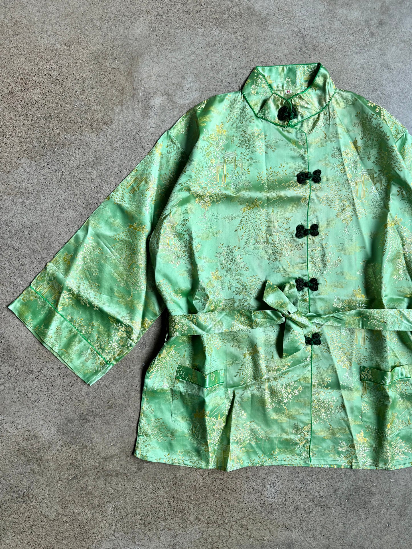 Vintage 1950s Chinese Tang Jade Green & Black Silk Two-Piece Outfit | Medium