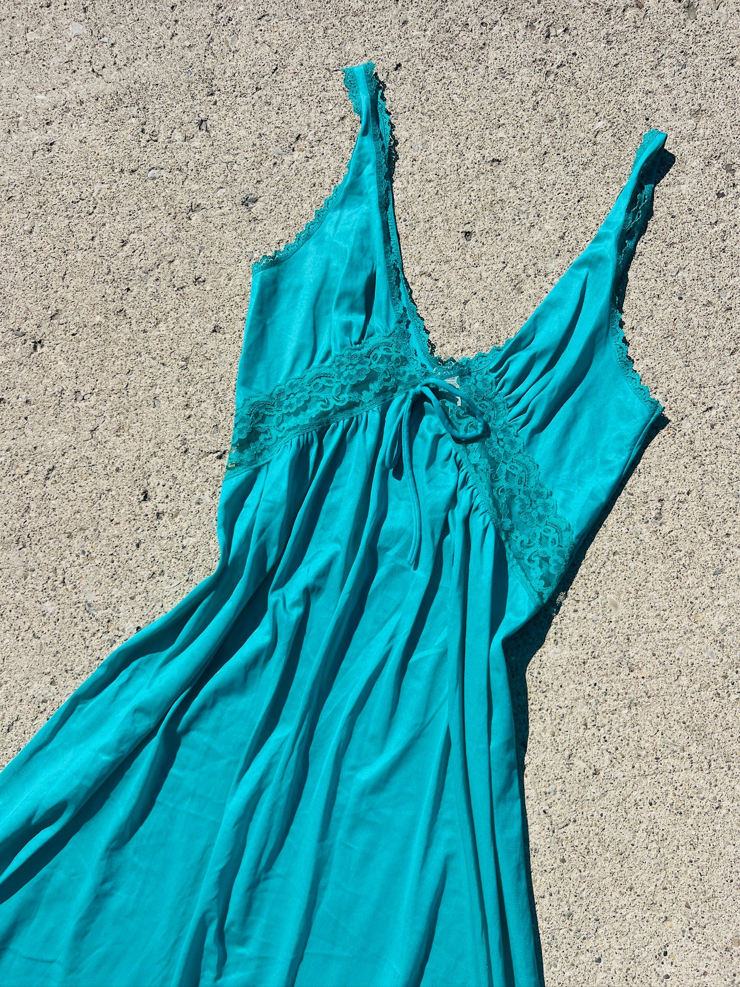 Vintage 1970s Teal Lace Maxi Slip Dress