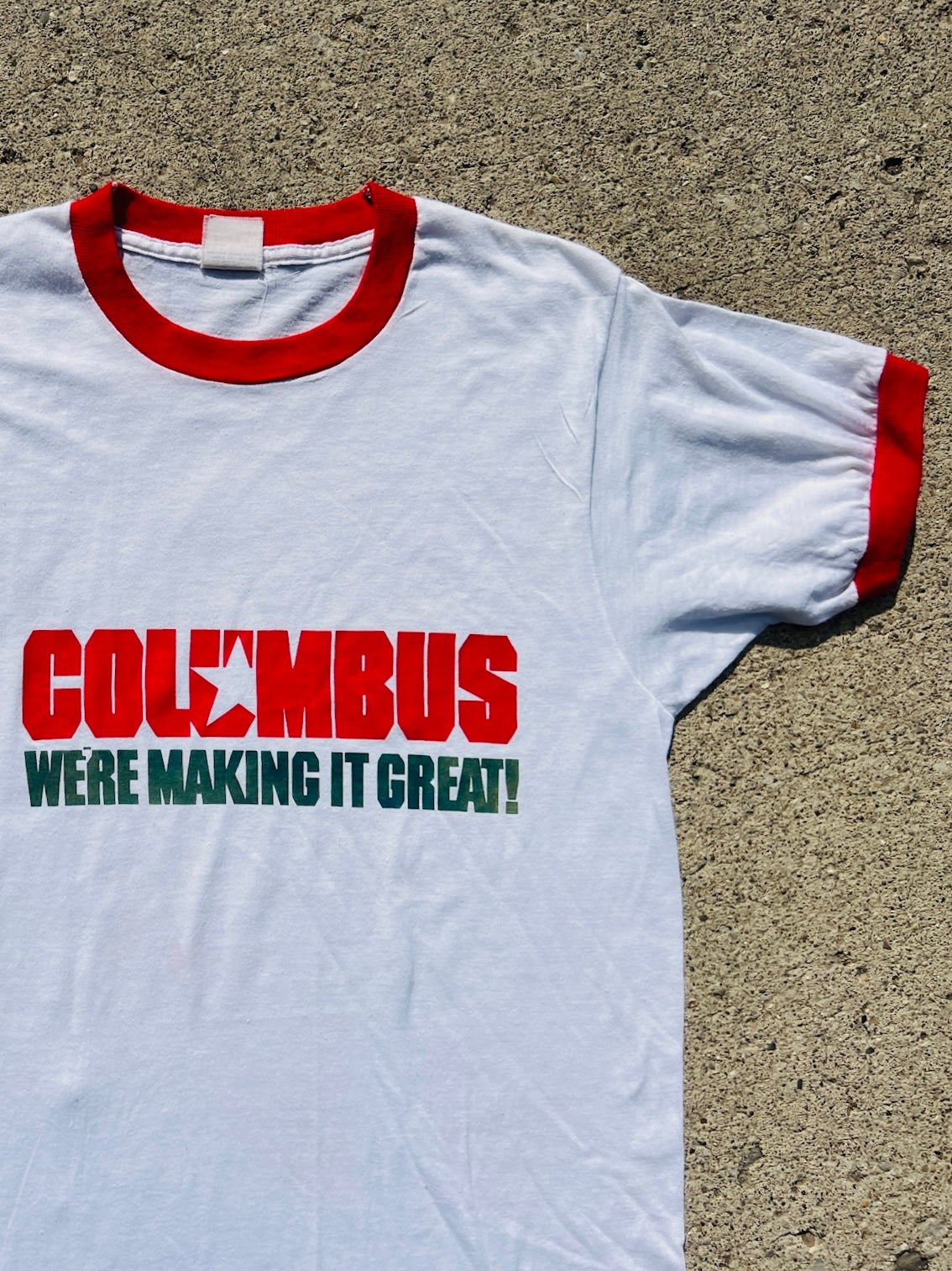 Vintage 1980s “Columbus We’re Making It Great!” Ringer Tee | Small