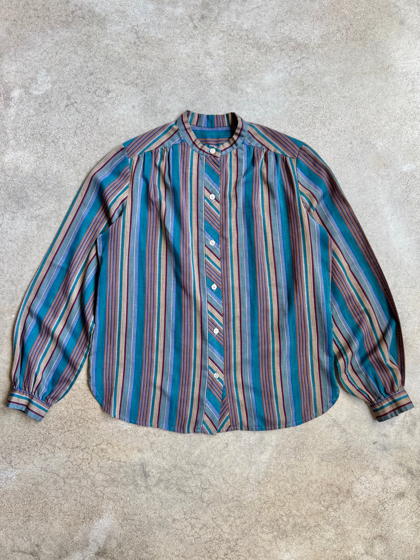 Vintage 1980s Cool-Tone Striped Band Collar Blouse | Medium
