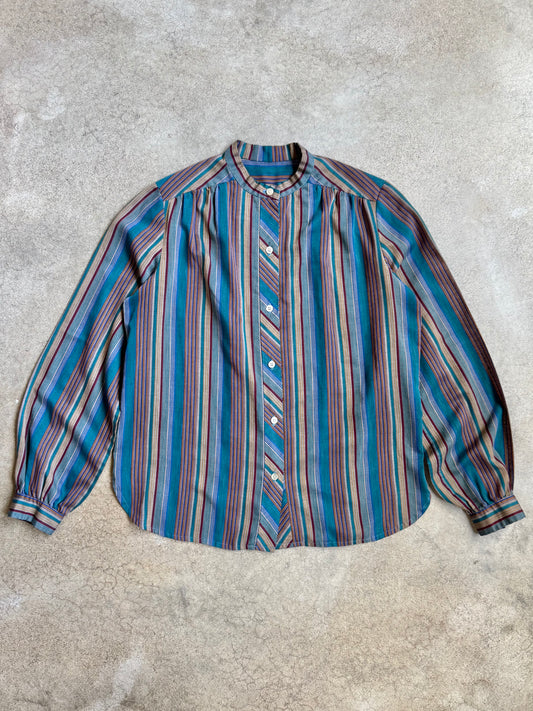 Vintage 1980s Cool-Tone Striped Band Collar Blouse | Medium