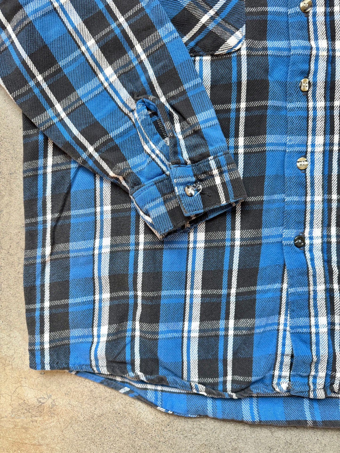 Vintage 1990s Five Brother Distressed Blue Plaid Cotton Flannel Shirt | Large