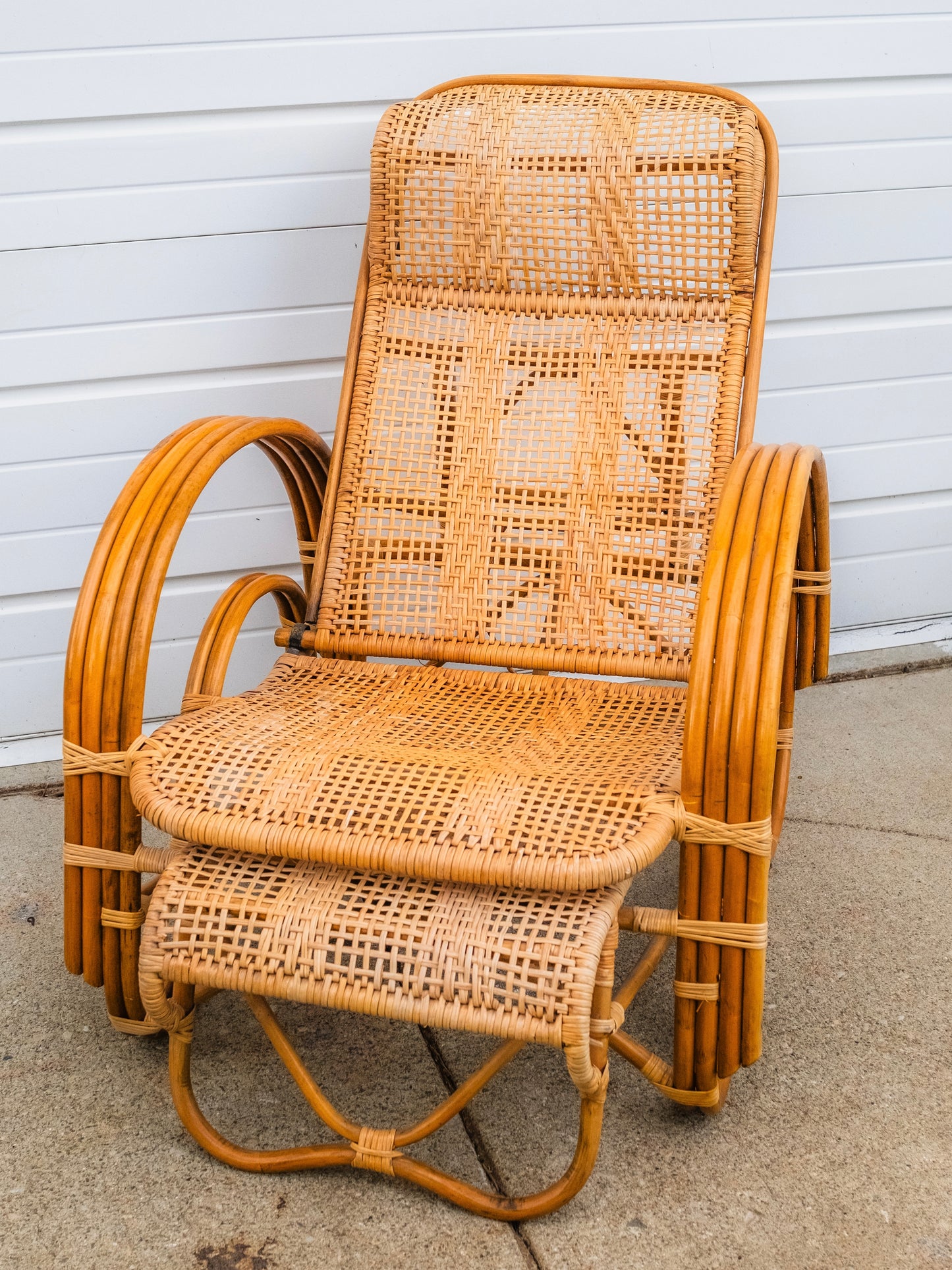 Vintage 1960s Folding Rattan Lounge Chair w/ Ottoman