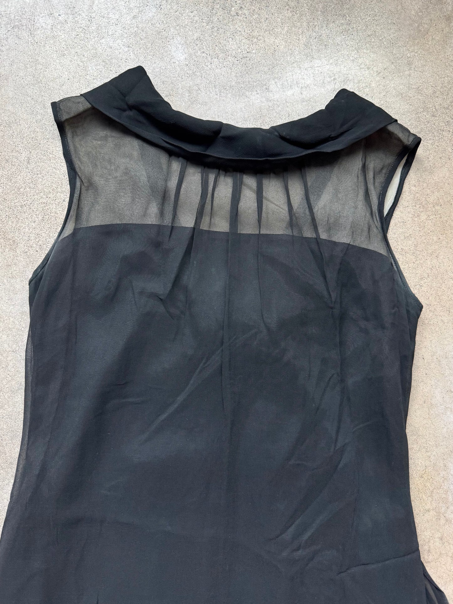 Vintage 1960s R&K Originals Black Sheer High-Neck Pleated Bow-Back Formal Sheath Dress | S/M