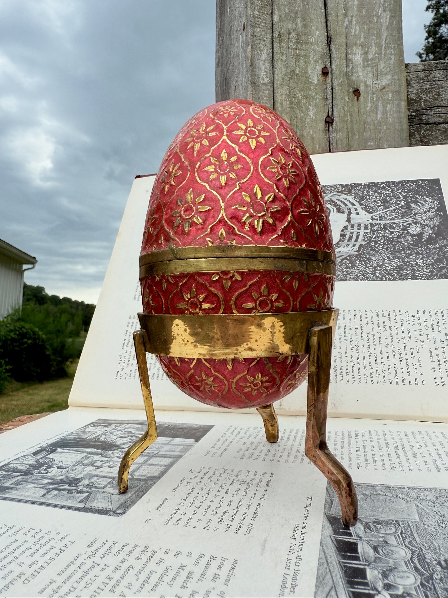 Vintage 1950s/60s Cloisonné Solid Brass Red Etched Egg Canister & Holder