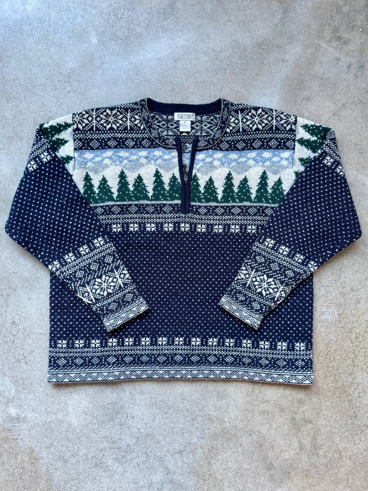 Vintage 1990s SKYR Winter Pine Tree Pattern Wool Knit Quarter-Zip Sweater | Medium
