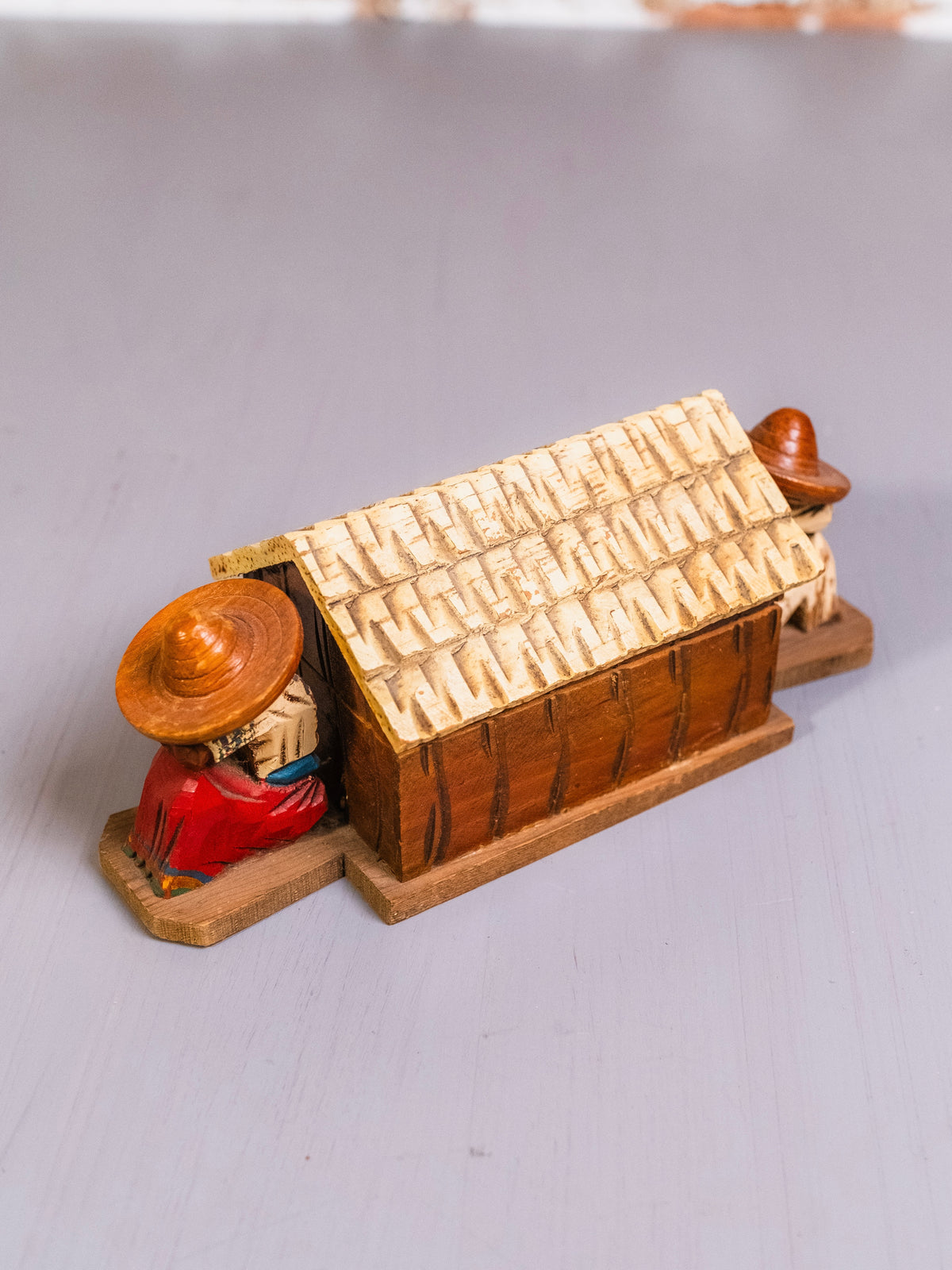 Vintage 1960s Wood Carved House & Sleeping Couple Trinket Box