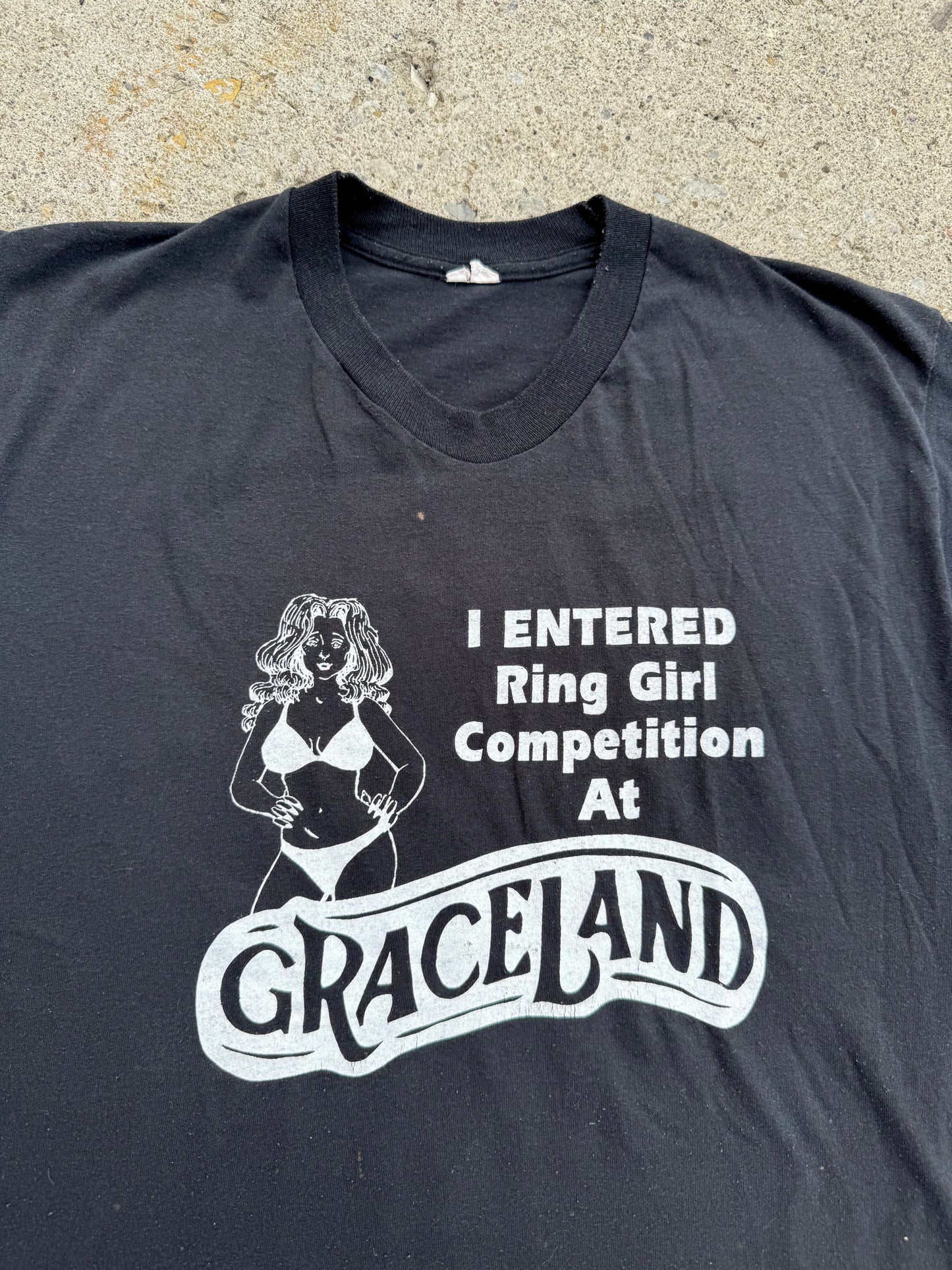 Vintage 1980s Graceland Ring Girl Competition Black Graphic Tee | Large