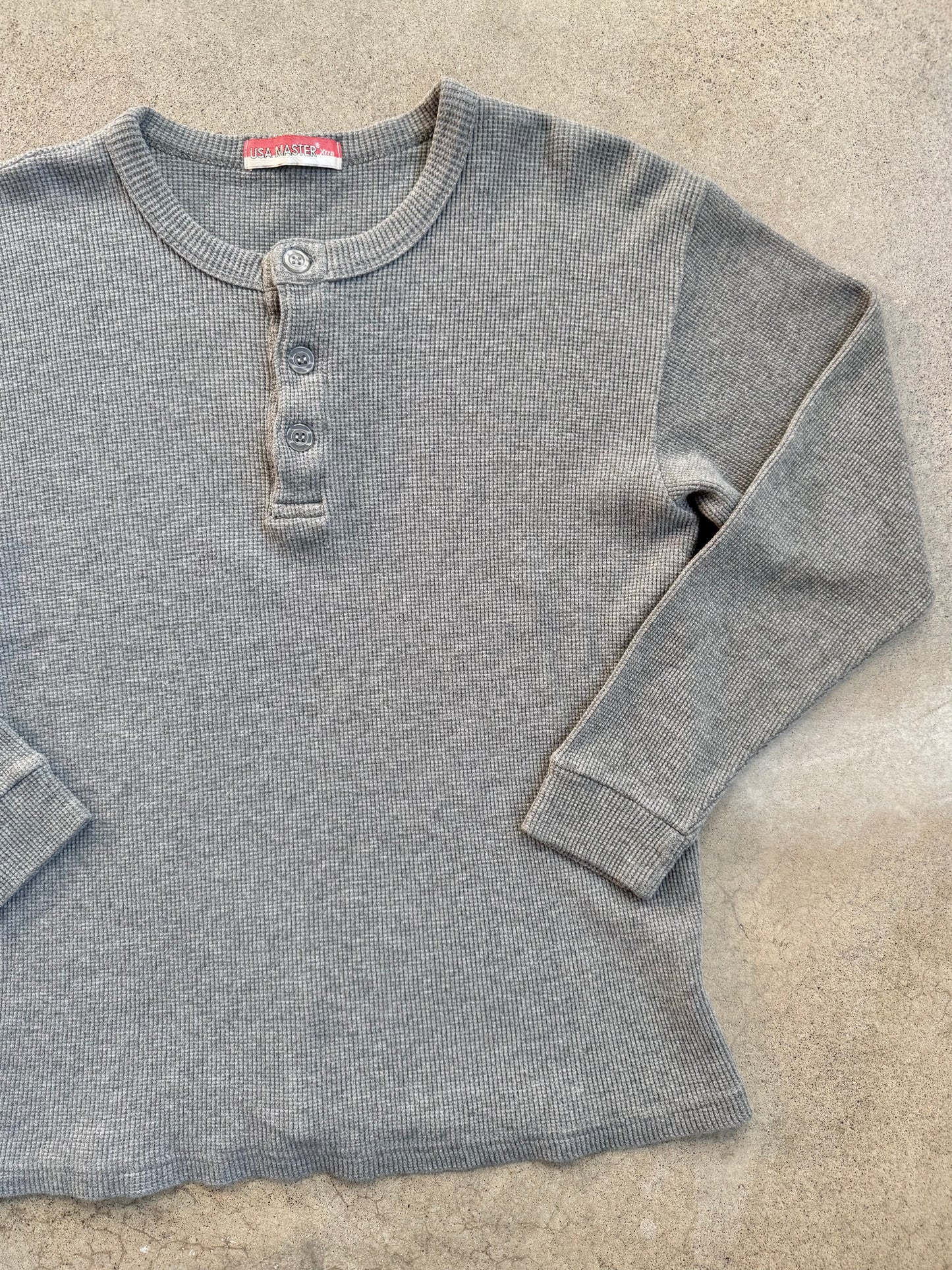 Vintage 1980s USA Master Grey Henley Waffle Thermal | Large