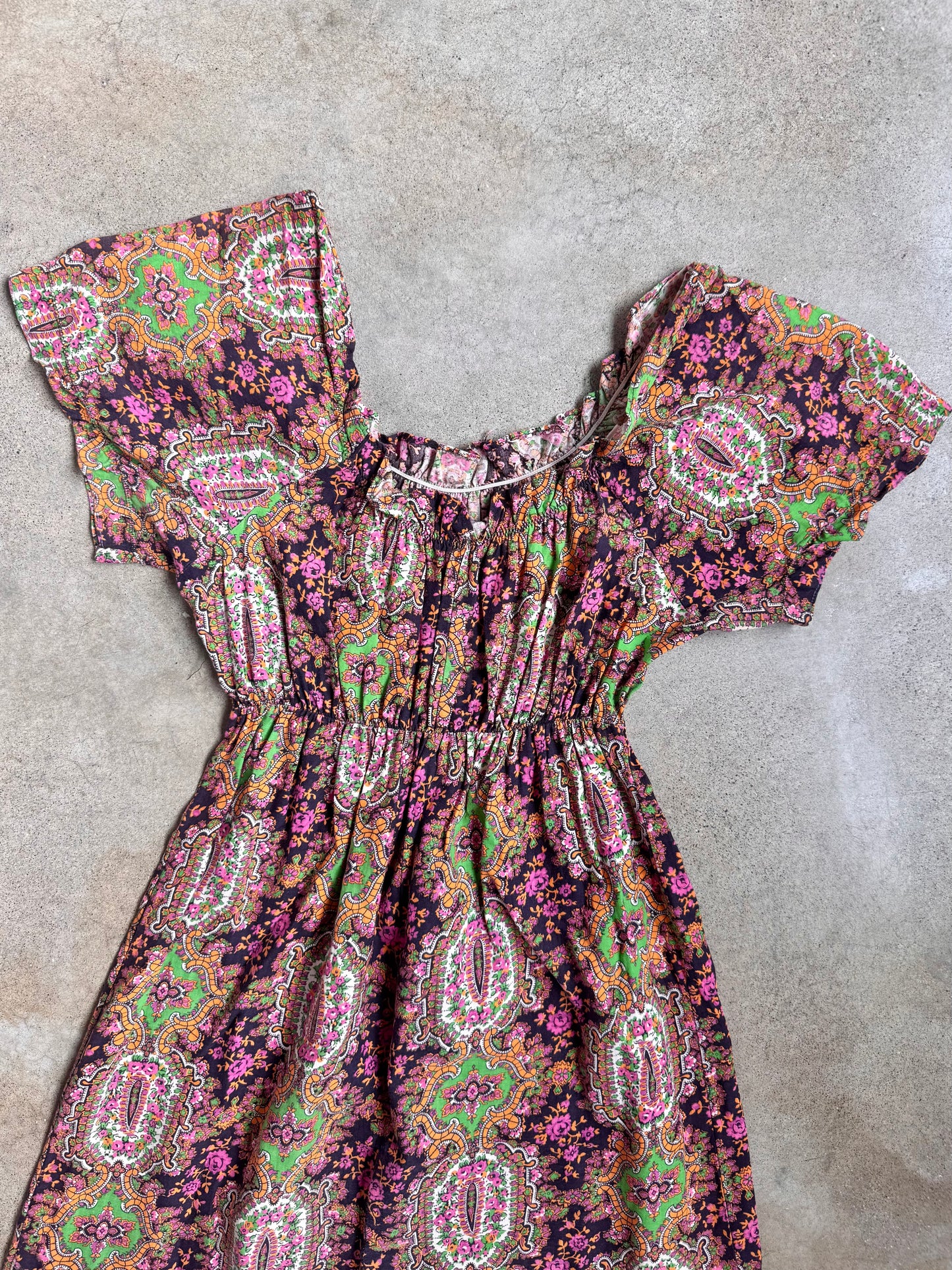 Vintage 1960s Orbit Ladybird Psychedelic Floral Off-Shoulder Maxi Dress | Medium