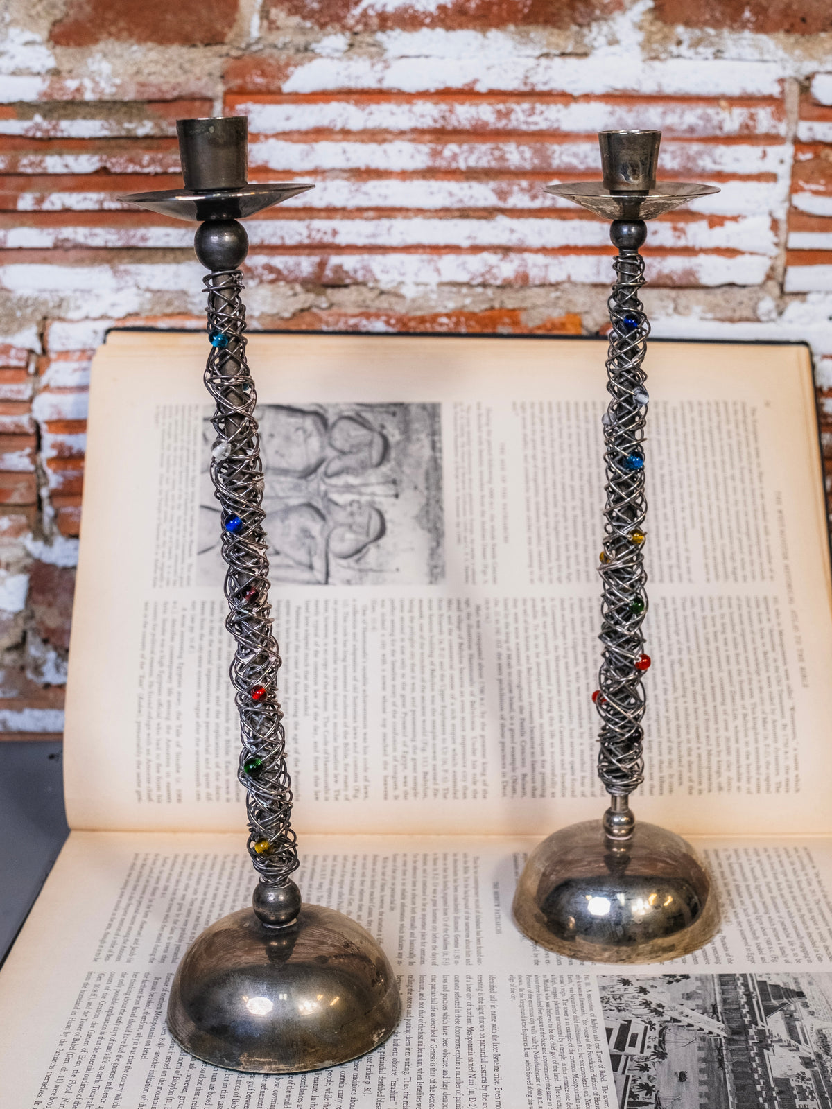 Vintage MCM Silver Wire Wrapped Beaded Candlestick Holders | Set of 2
