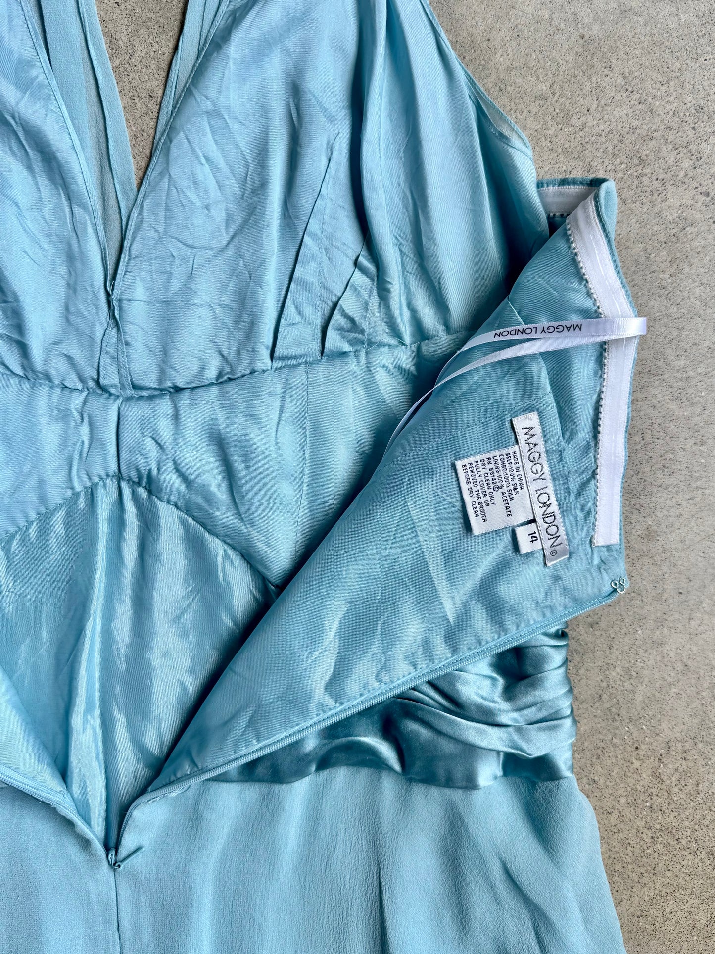 Vintage 1990s Maggy London Baby Blue Silk Halter Dress | Large