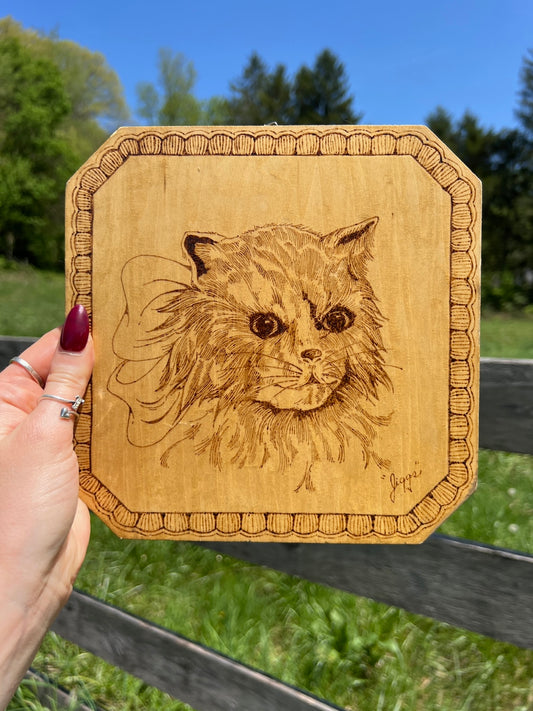 Vintage 1960s Pyrography "Jiggs" Cat Wall Artwork