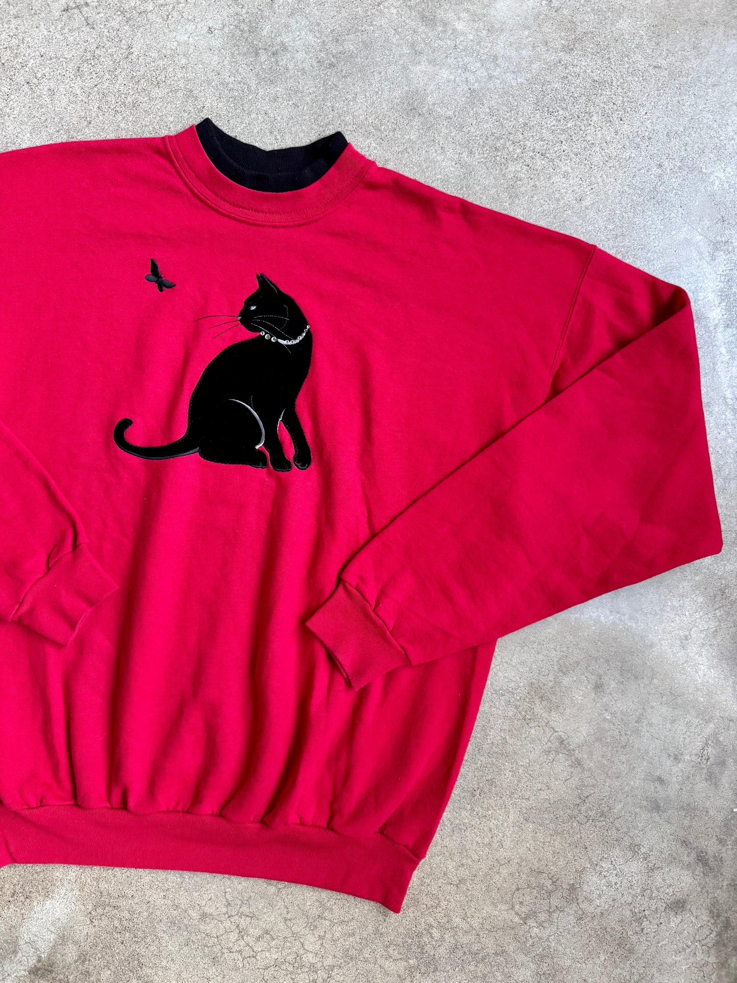 Vintage 1980s Top Stitch Black Cat Red Crewneck Sweatshirt | XL