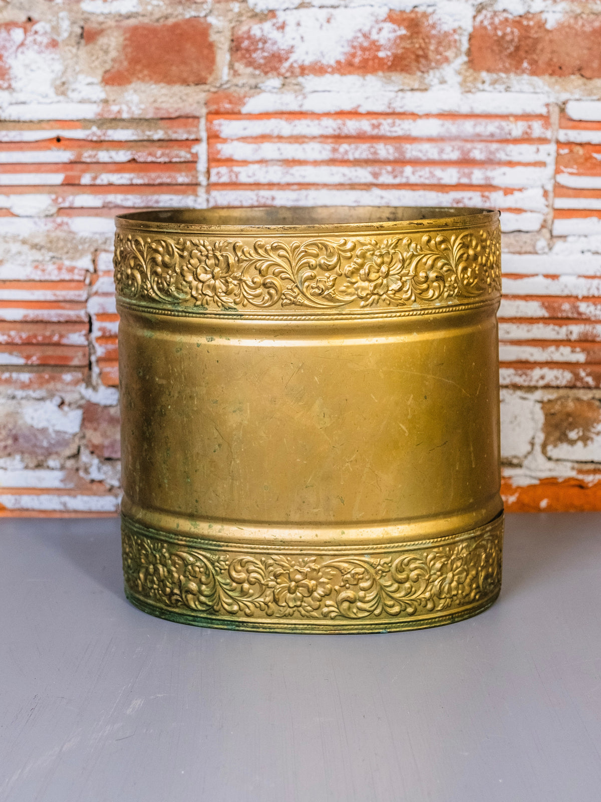 Vintage Embossed Floral Brass Cachepot Planter / Waste Basket
