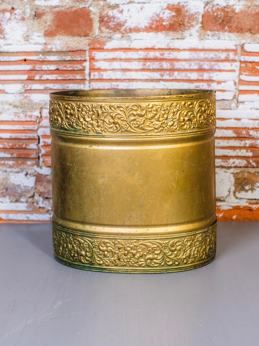 Vintage Embossed Floral Brass Cachepot Planter / Waste Basket