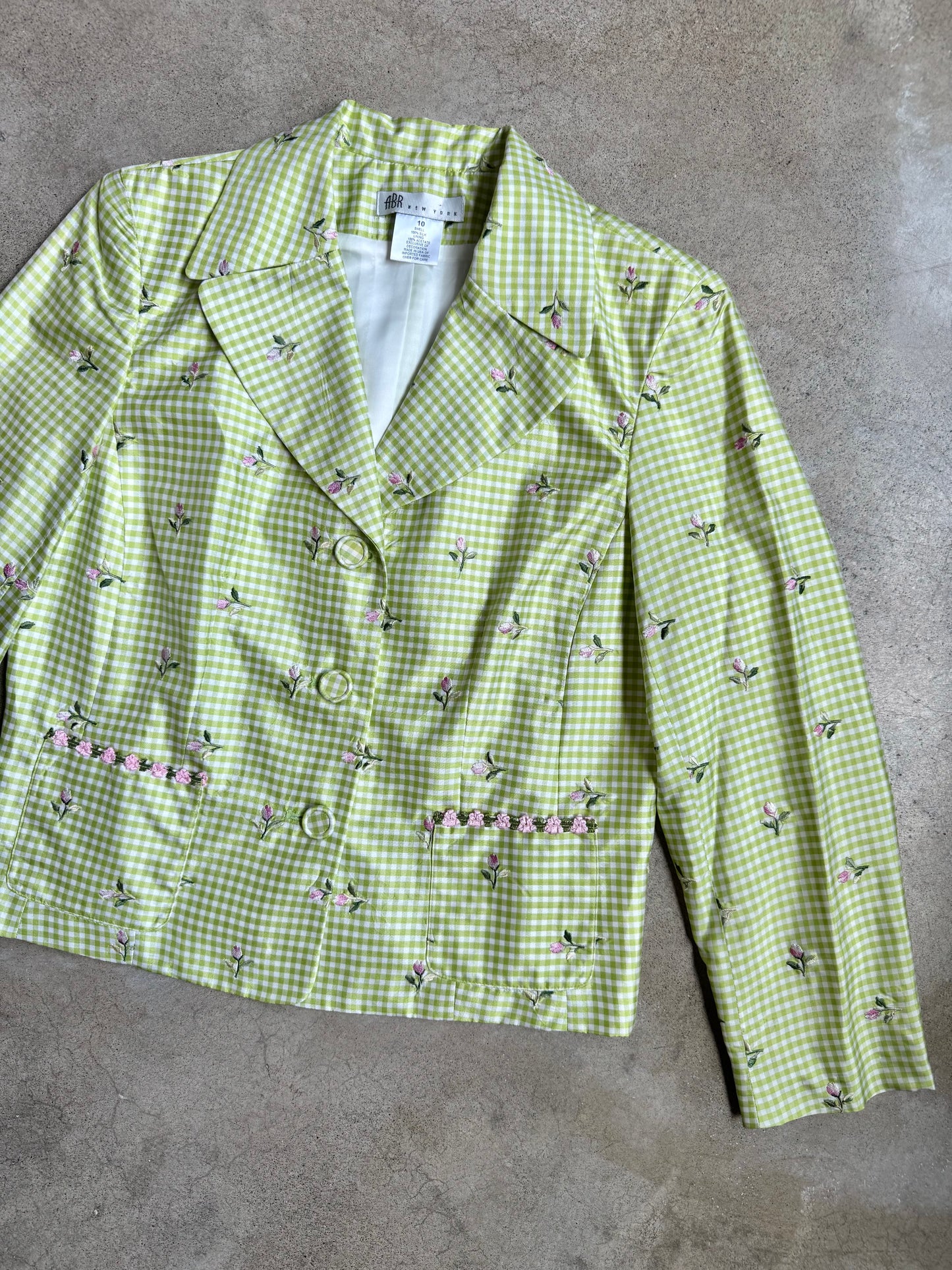 Vintage 1990s ABR New York Green Gingham Floral Embroidered Silk Skirt Suit | M/L