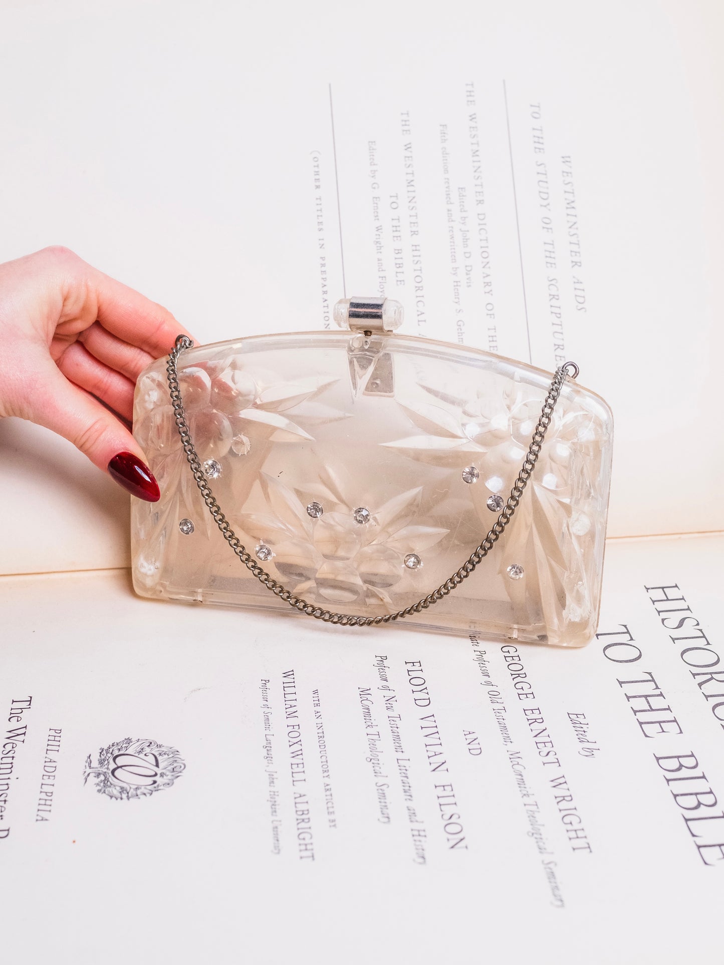 Vintage 1950s Clear Lucite Rhinestone Studded Clutch Purse