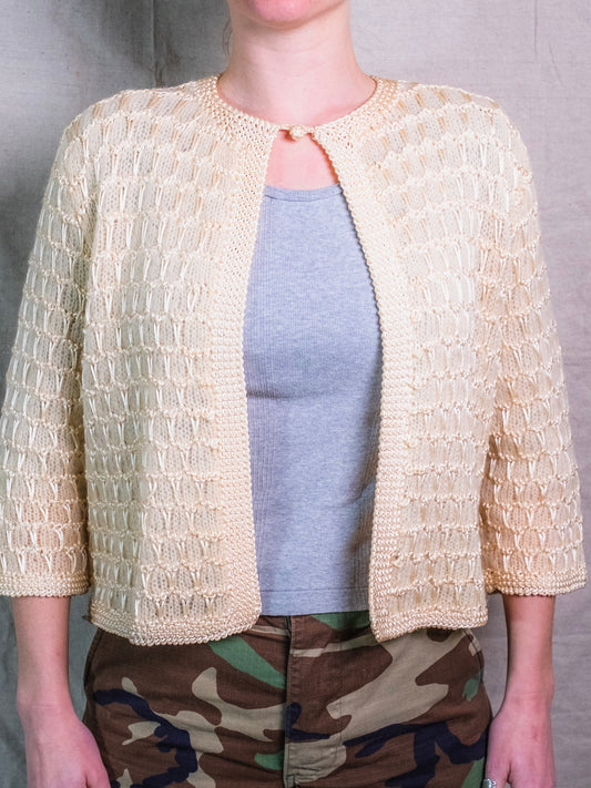 Vintage 1950s Cream Crochet Knit Cardigan | Medium
