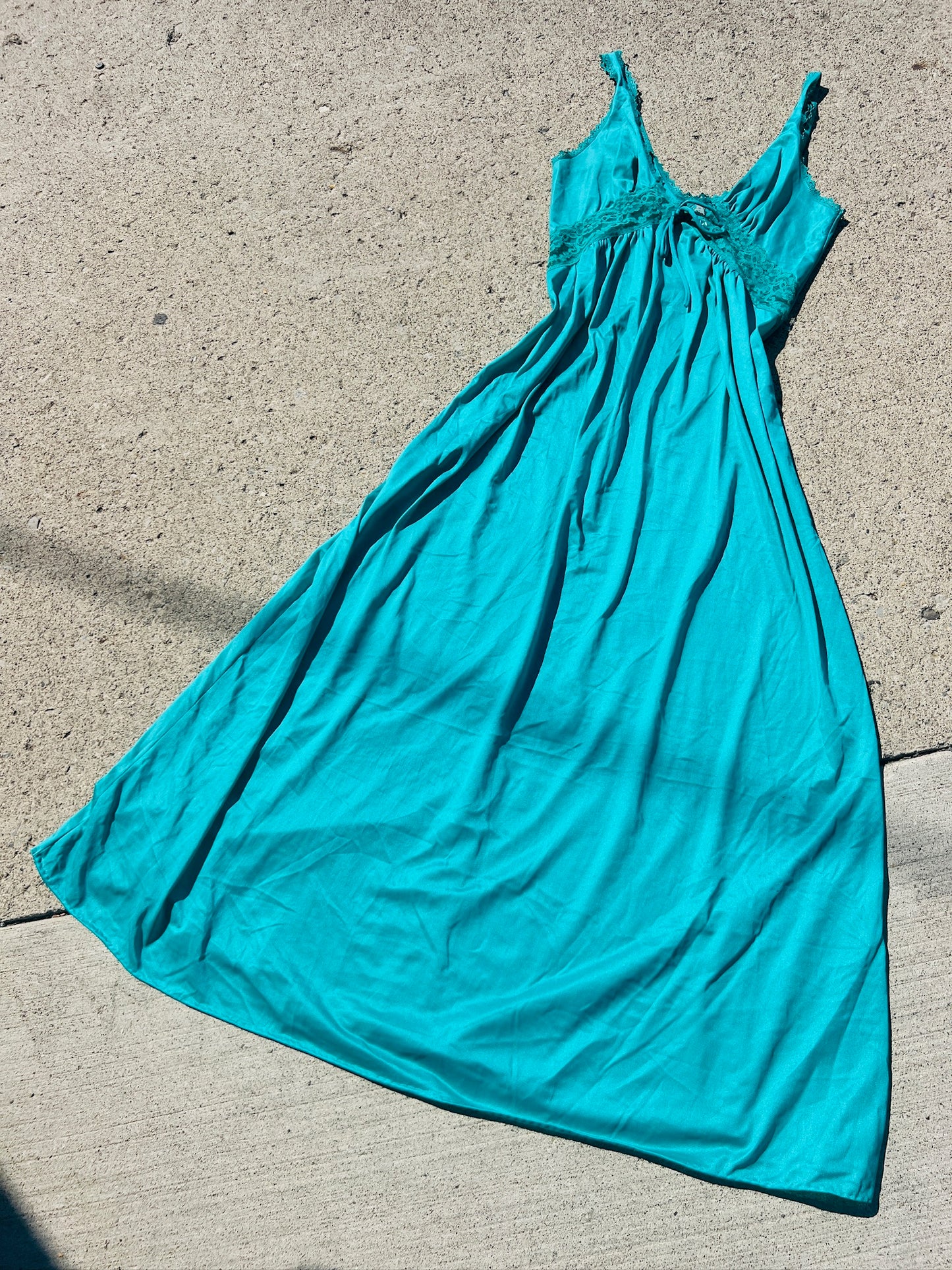 Vintage 1970s Teal Lace Maxi Slip Dress