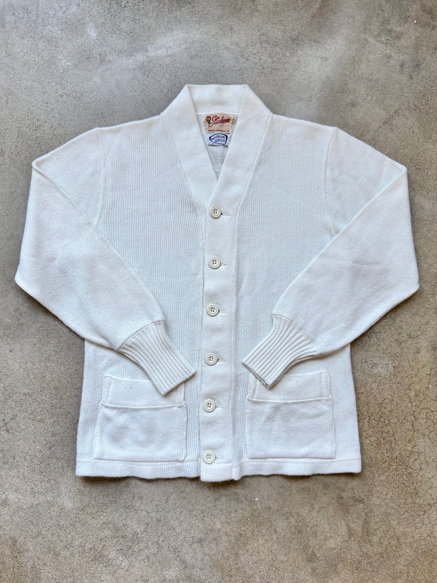 Vintage 1950s/60s Stadium by Shaker Sweater Co. White Acrylic Cardigan | Medium