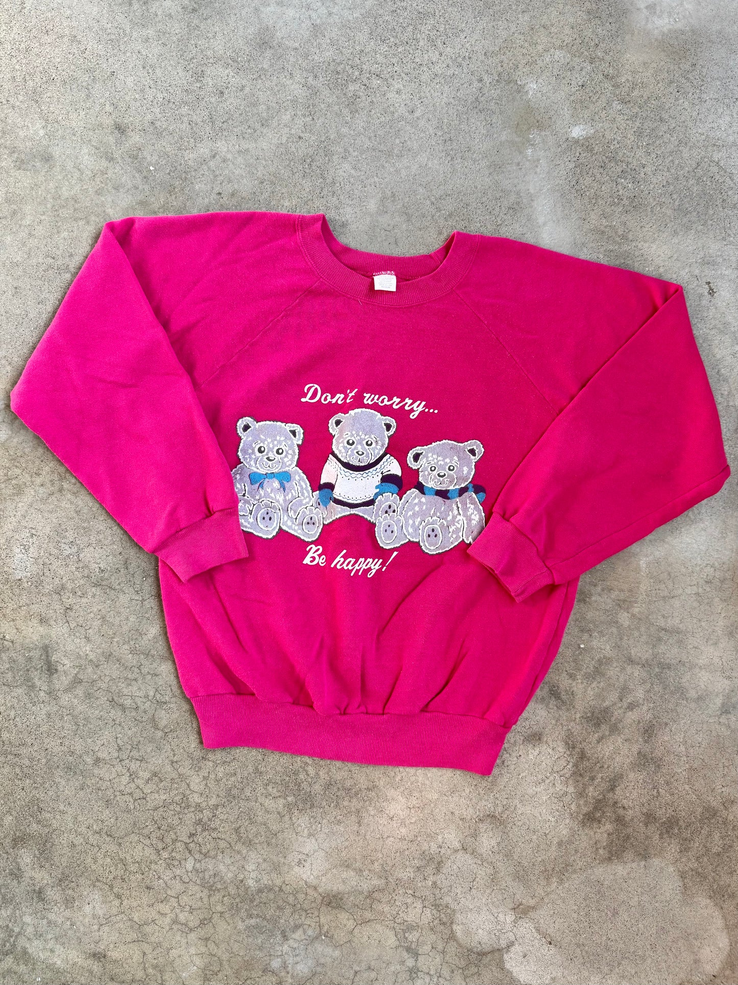 Vintage 1980s "Don't Worry, Be Happy!" Teddy Bear Raglan Sweatshirt | Medium