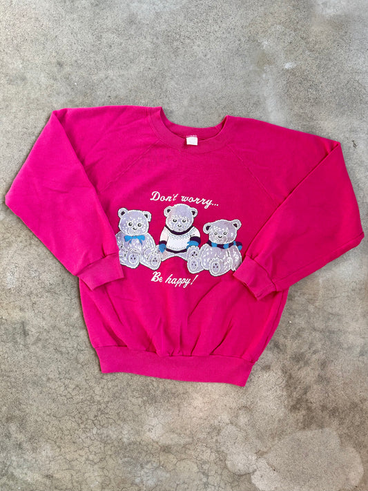 Vintage 1980s "Don't Worry, Be Happy!" Teddy Bear Raglan Sweatshirt | Medium