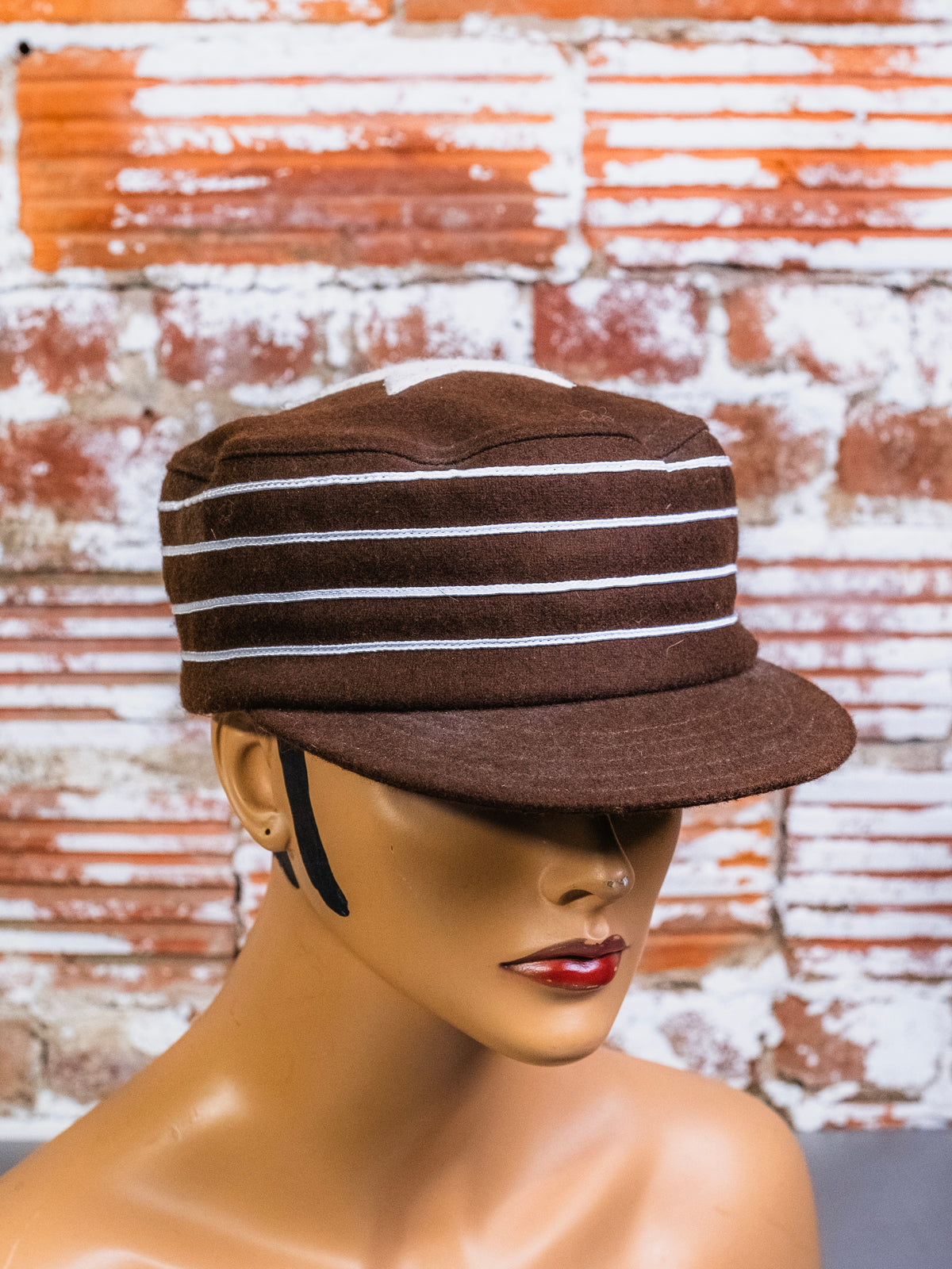 Vintage-Style Stockbridge Sewing Works Brown Felted Star & Striped Pillbox Cap