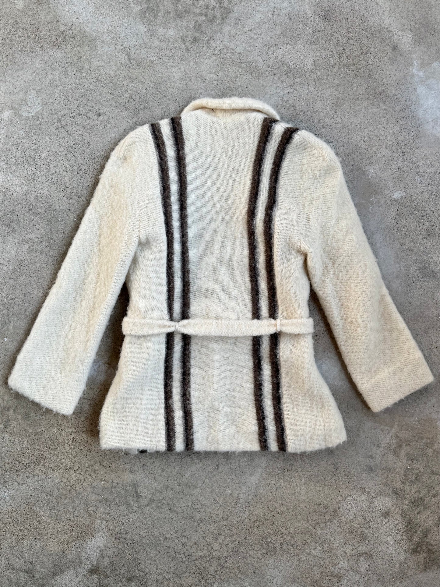Vintage 1970s Vaka Icelandic 100% Wool Neutral Stripe Tie-Waist Sweater Jacket | XS