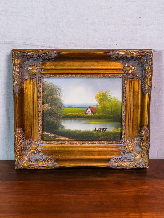 Vintage 1950s Gold Framed "Cottage & Pond" Oil on Canvas | Signed