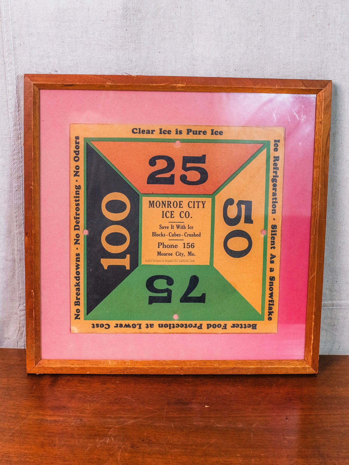 Vintage 1930s Framed Monroe City Ice Co. Delivery Window Sign