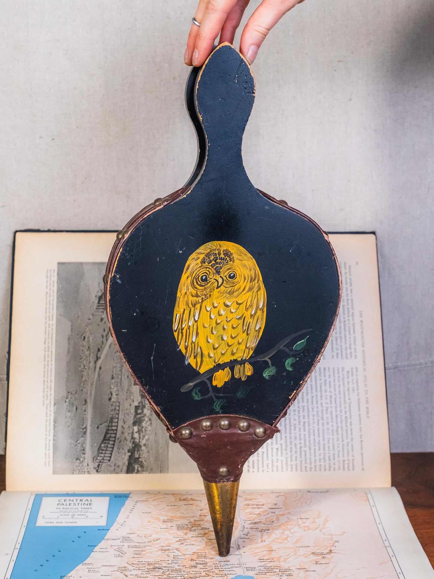 Vintage 1950s Wood Owl Painted Fireplace Bellow