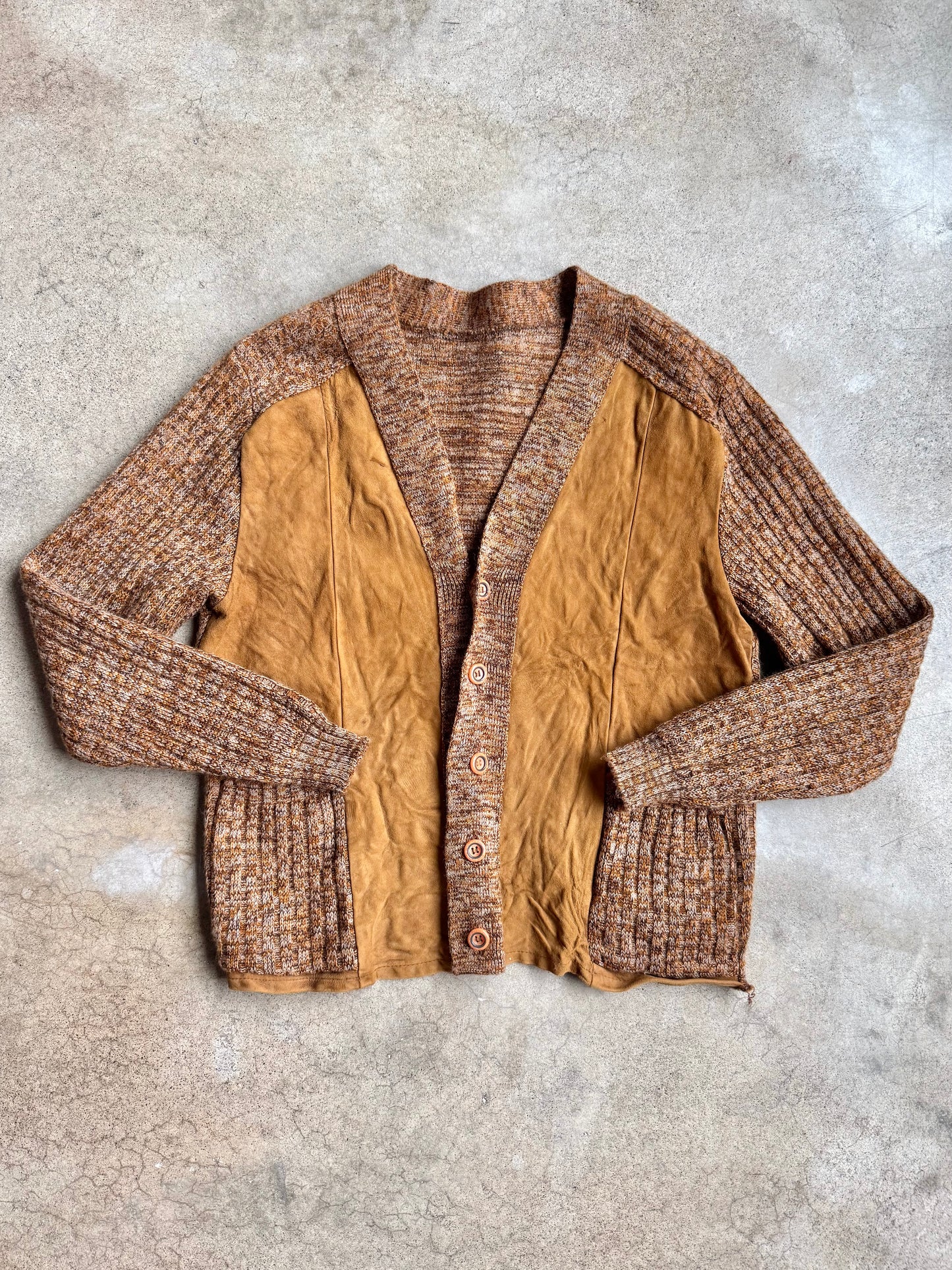 Vintage 1960s Brown Marled Wool & Suede Leather Cardigan | Medium