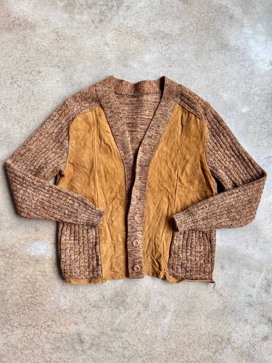 Vintage 1960s Brown Marled Wool & Suede Leather Cardigan | Medium