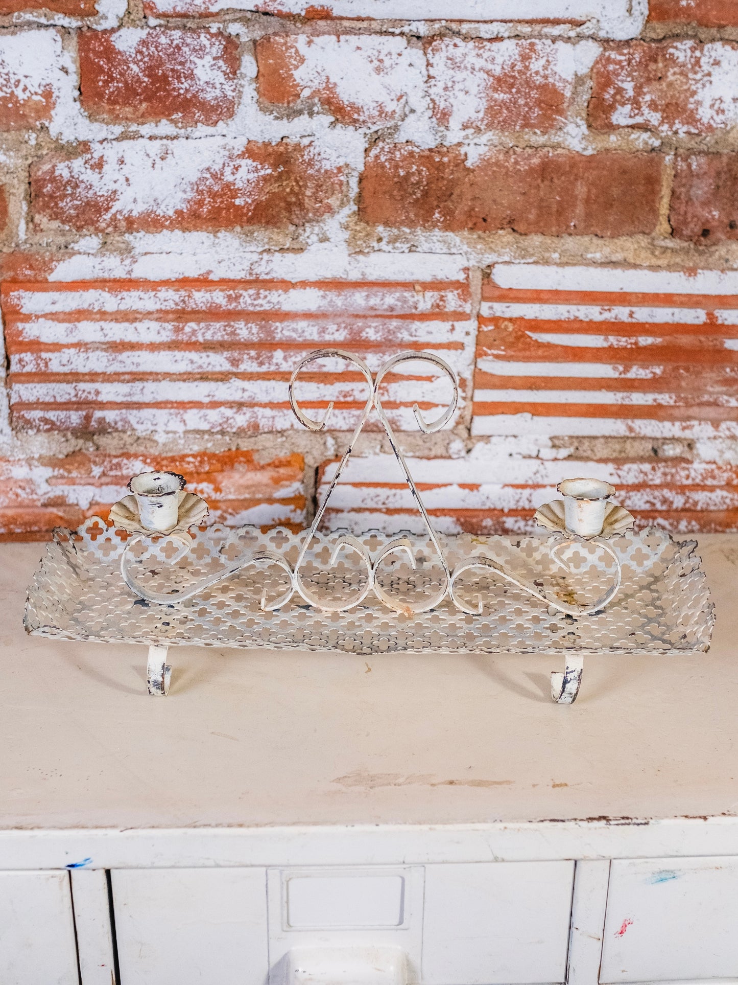 Vintage White Painted Metal Cutwork Candle Holder Centerpiece