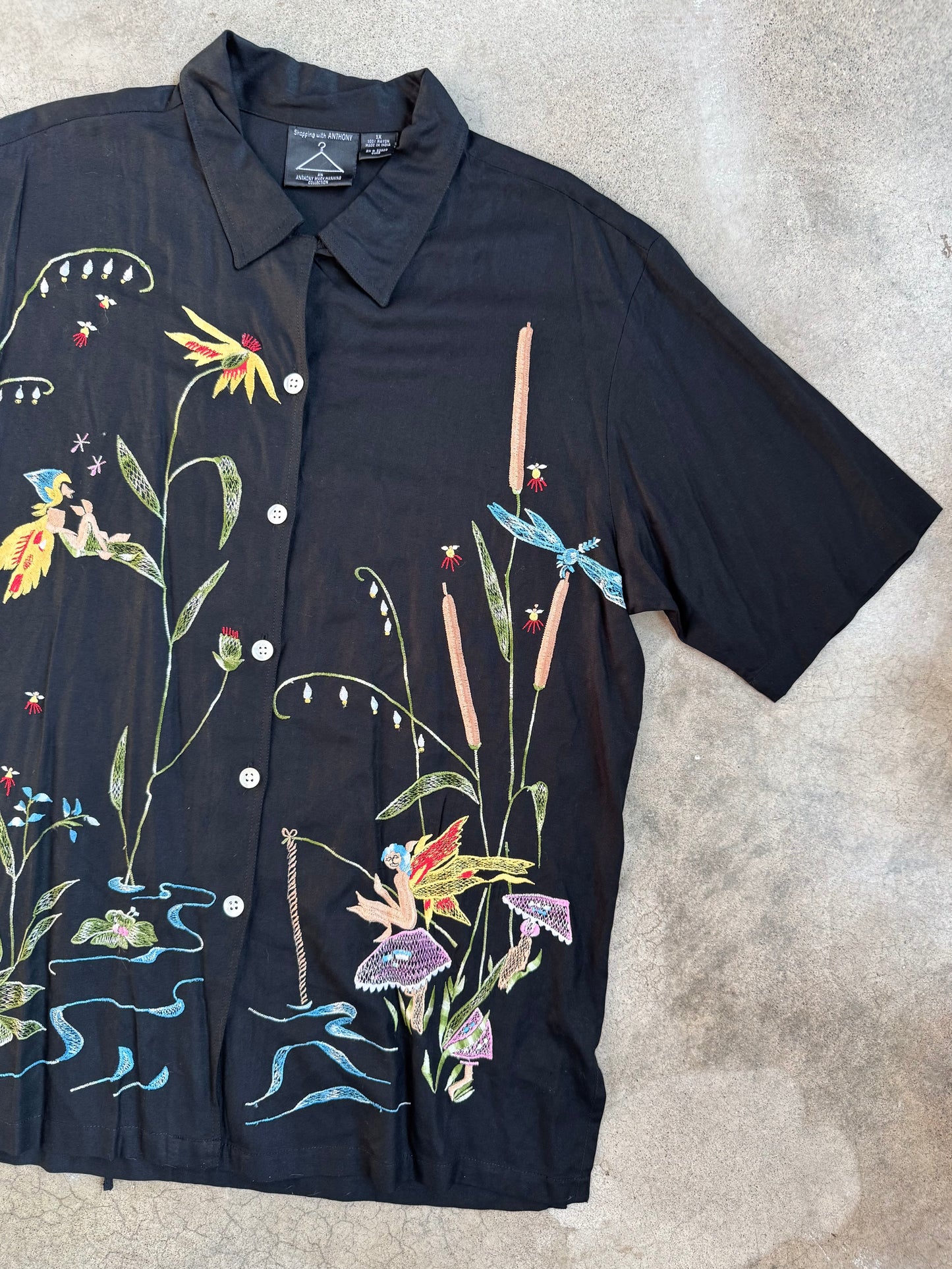 Vintage 1980s Anthony Mark Hankins Black Fairy Embroidered Shirt | 1X