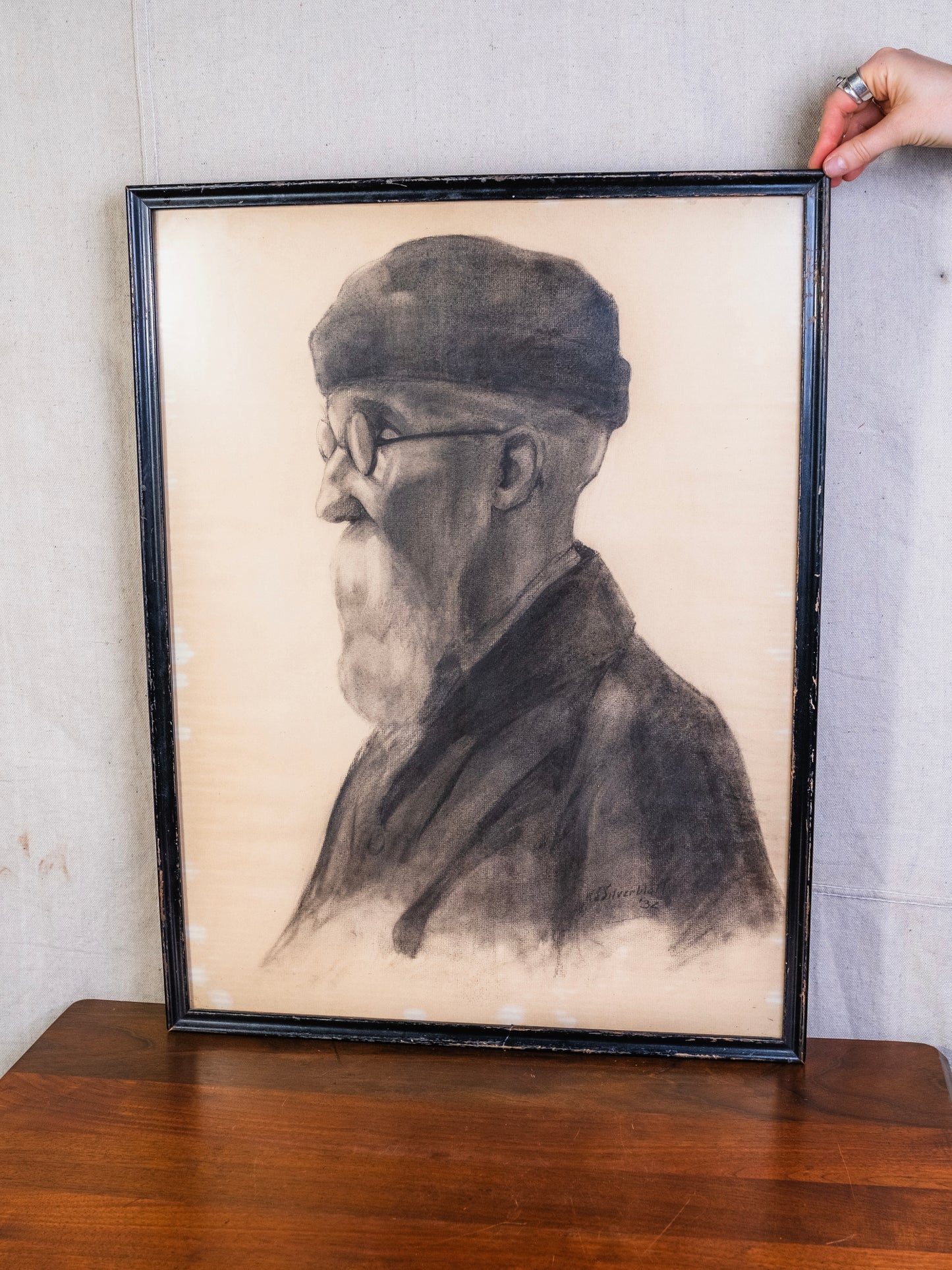 Vintage 1930s Framed "Mysterious Gentleman" Charcoal Sketch Artwork | Signed