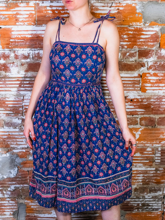Vintage 1970s Adini Indian Block Print Cotton Gauze Summer Dress | XS