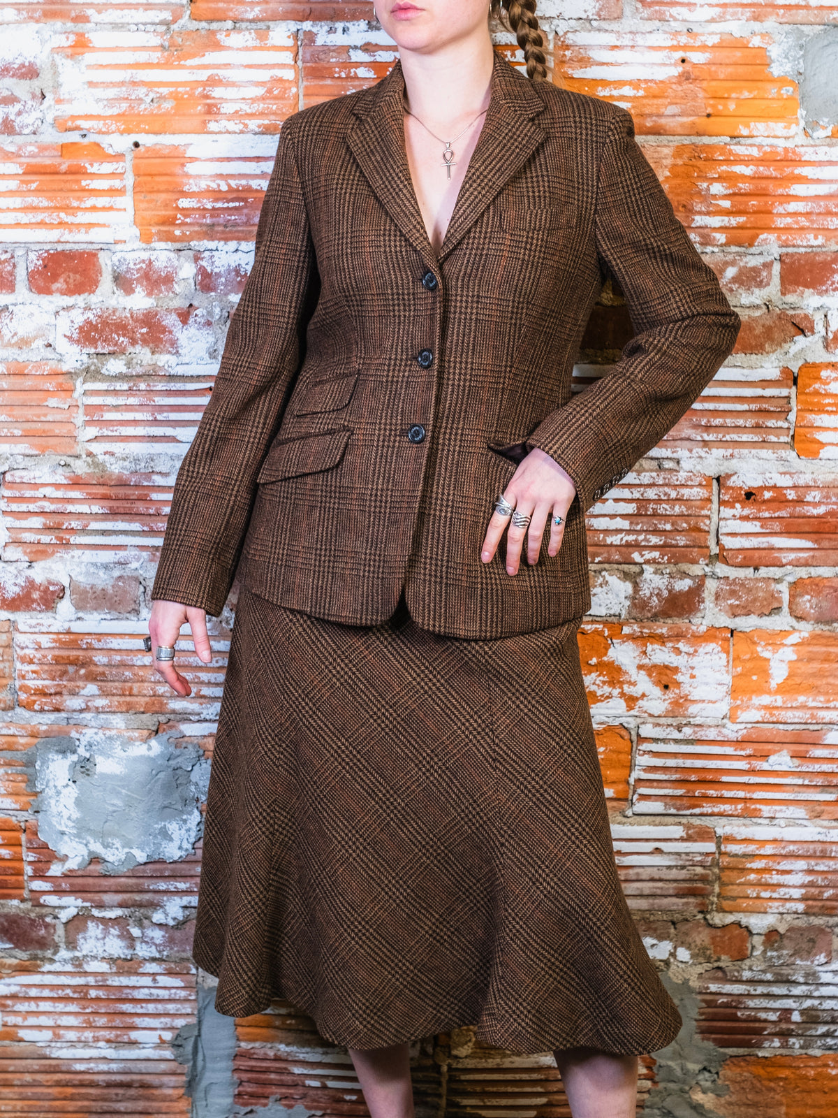 2000s Chaps Brown Plaid Wool-Blend Two-Piece Skirt Suit | Small
