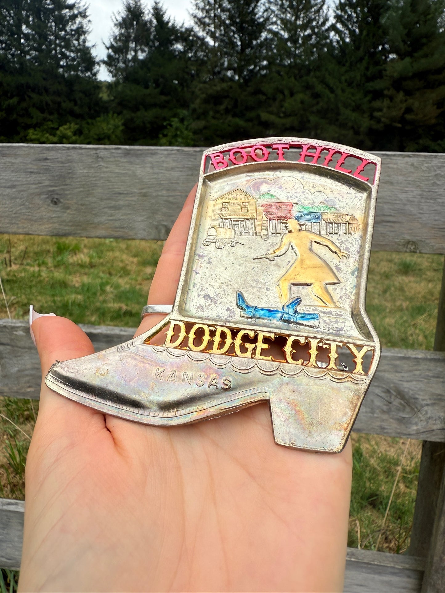 Vintage 1950s Boot Hill Dodge City Kansas Metal Cowboy Boot Ashtray