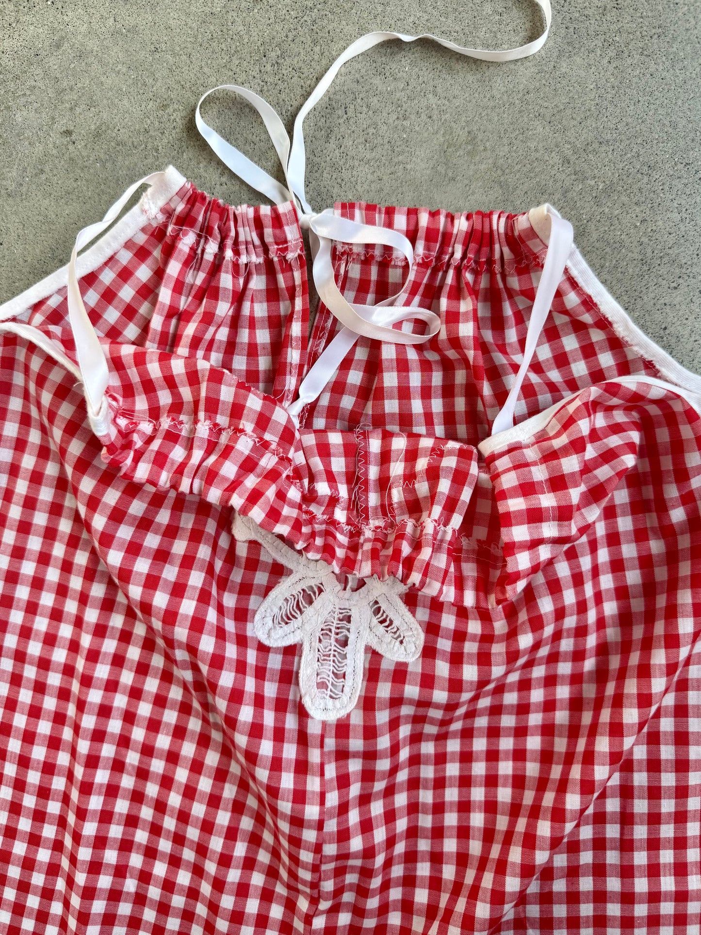 Vintage 1960s Handmade Red Gingham Floral Appliqué Mini Dress | XS/S