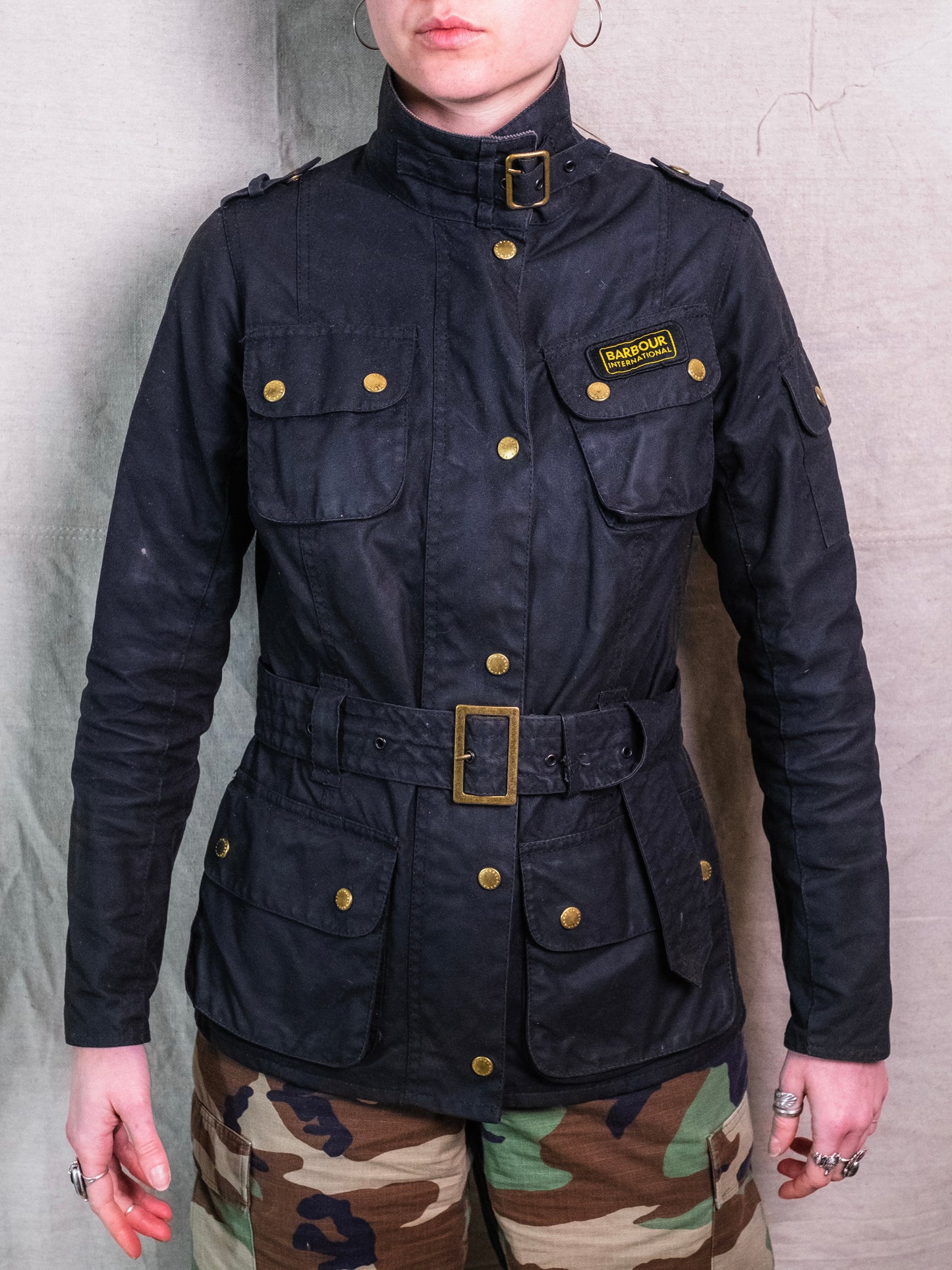 Vintage Style Barbour Black Waxed Cotton Belted Utility Jacket | S/M
