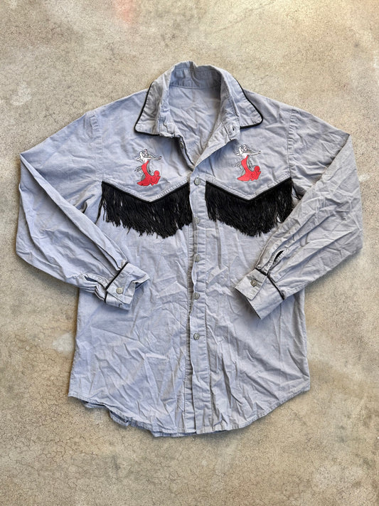 Vintage 1970s Grey & Black Fringe "Dancers" Western Shirt | Large
