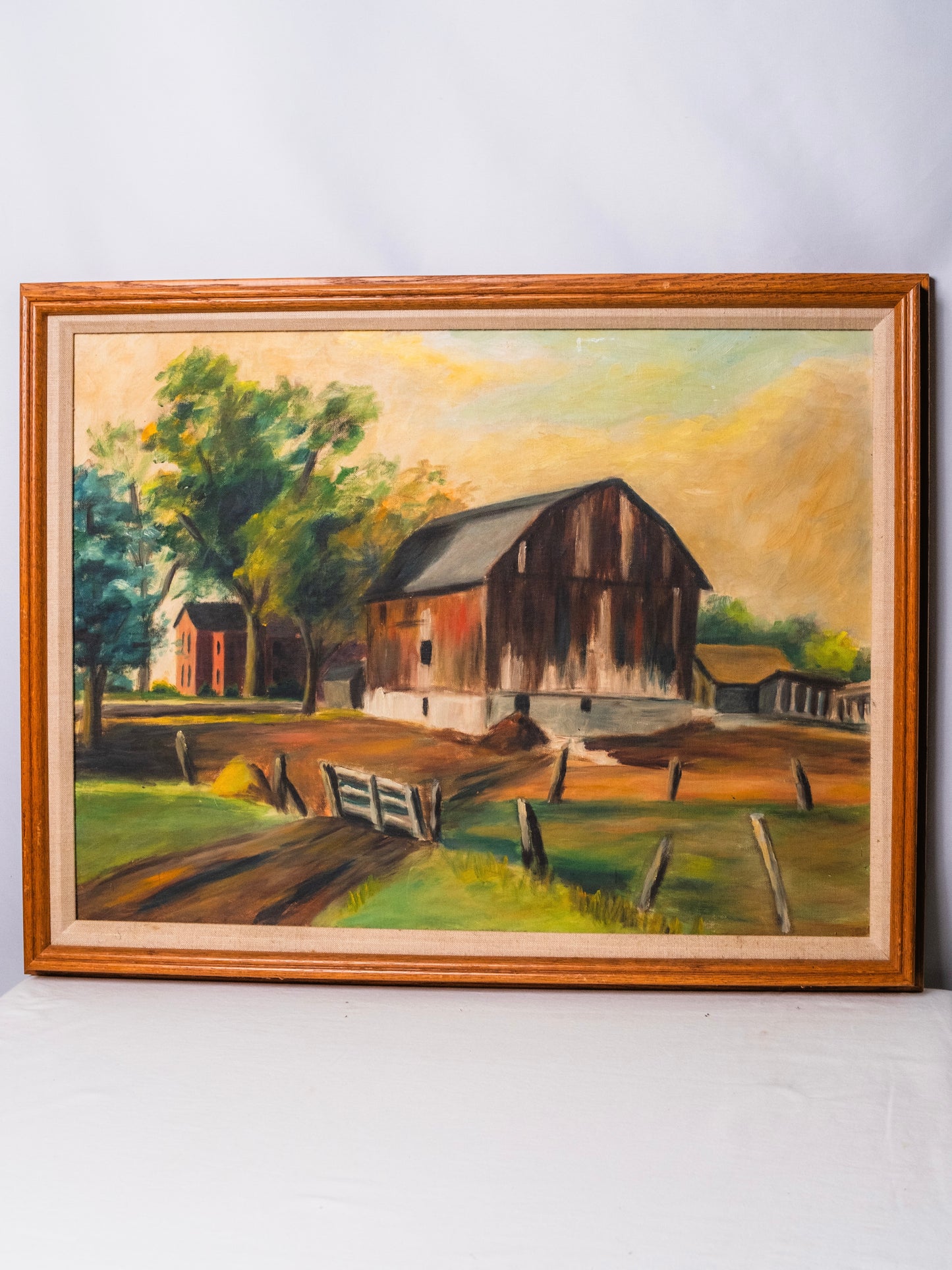Framed & Signed Rural Farm Landscape Oil Painting