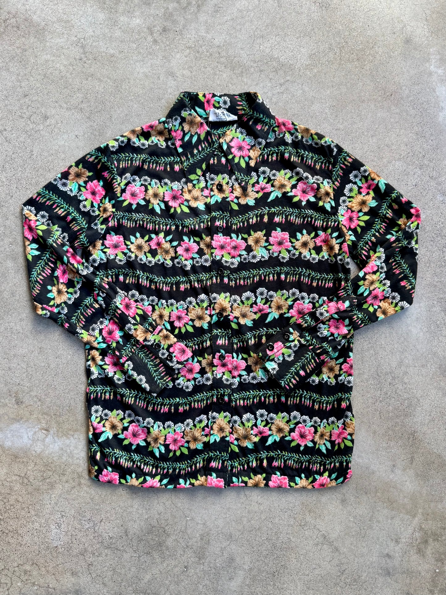 Vintage 1970s Kmart Floral Print Polyester Knit Button-Up Shirt | 36